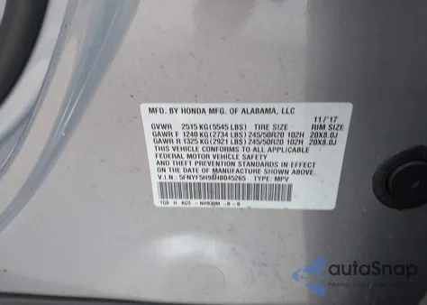 2017 Honda Pilot Touring z USA, uszkodzony, nr VIN 5FNYF5H98HB045265